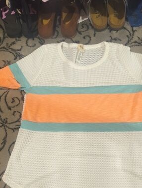 Women's Lightweight White Knit Top with Peach and Aqua Stripes By Brand Bibi